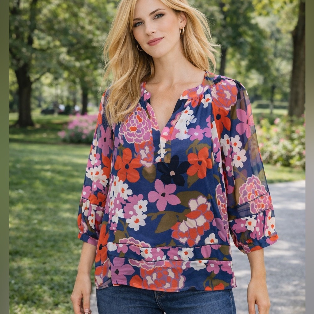 Trina Turk Floral Blouse in Blue and Pink